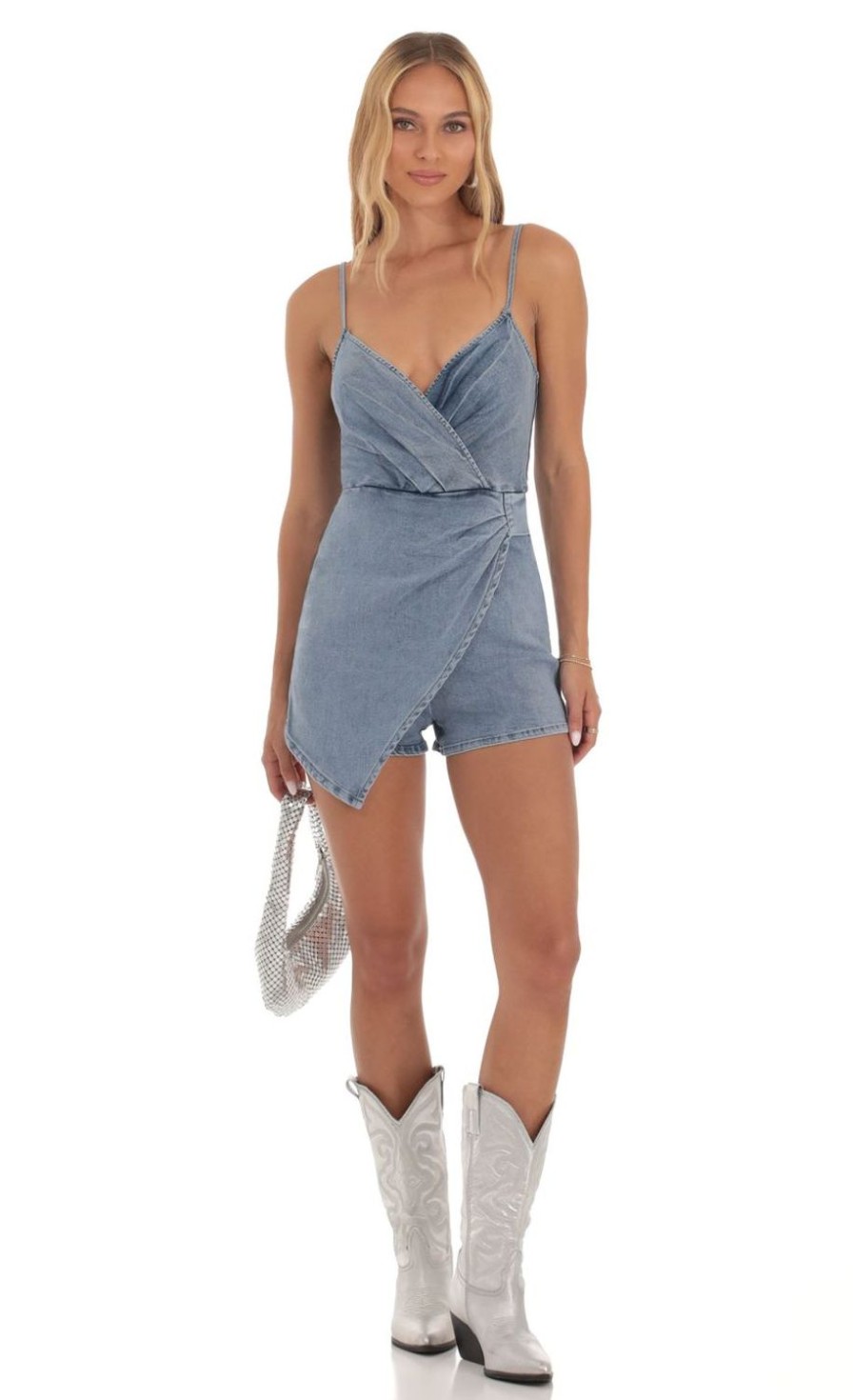 Clothing LUCY IN THE SKY | Caisyn Faux Wrap Romper In Denim | Lucy In The Sky