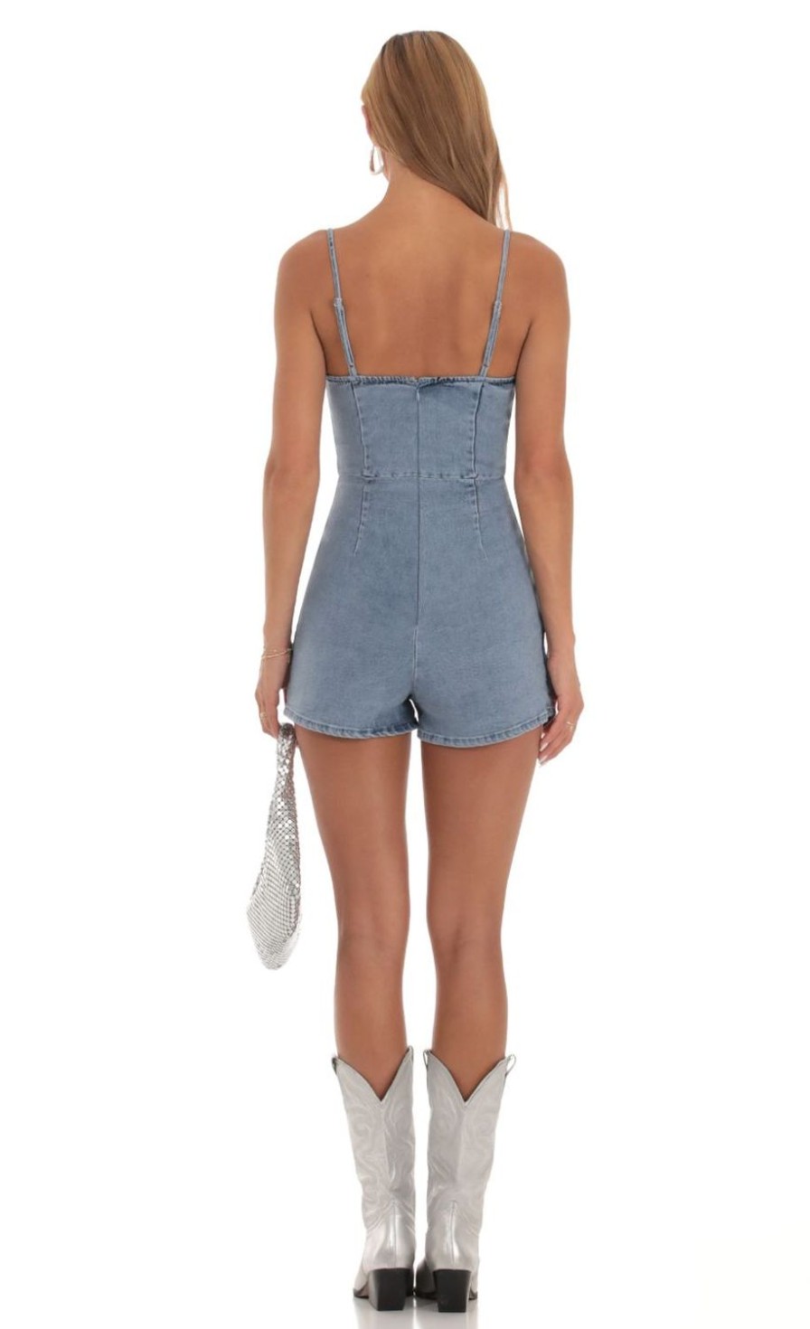 Clothing LUCY IN THE SKY | Caisyn Faux Wrap Romper In Denim | Lucy In The Sky