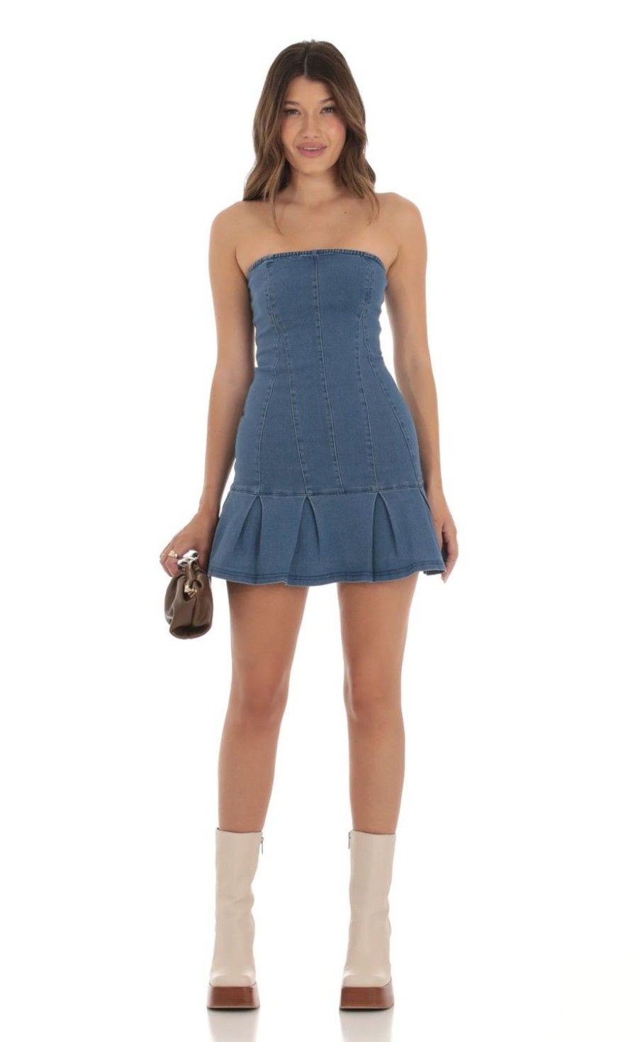 Clothing LUCY IN THE SKY | Sunniva Strapless Pleated Dress In Denim | Lucy In The Sky