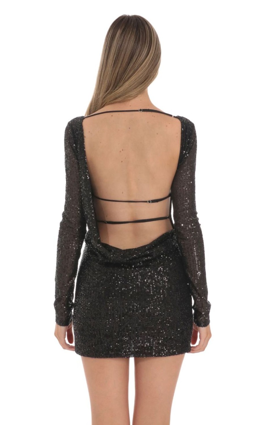 Clothing LUCY IN THE SKY | Sequin High Neck Open Back Dress In Black | Lucy In The Sky