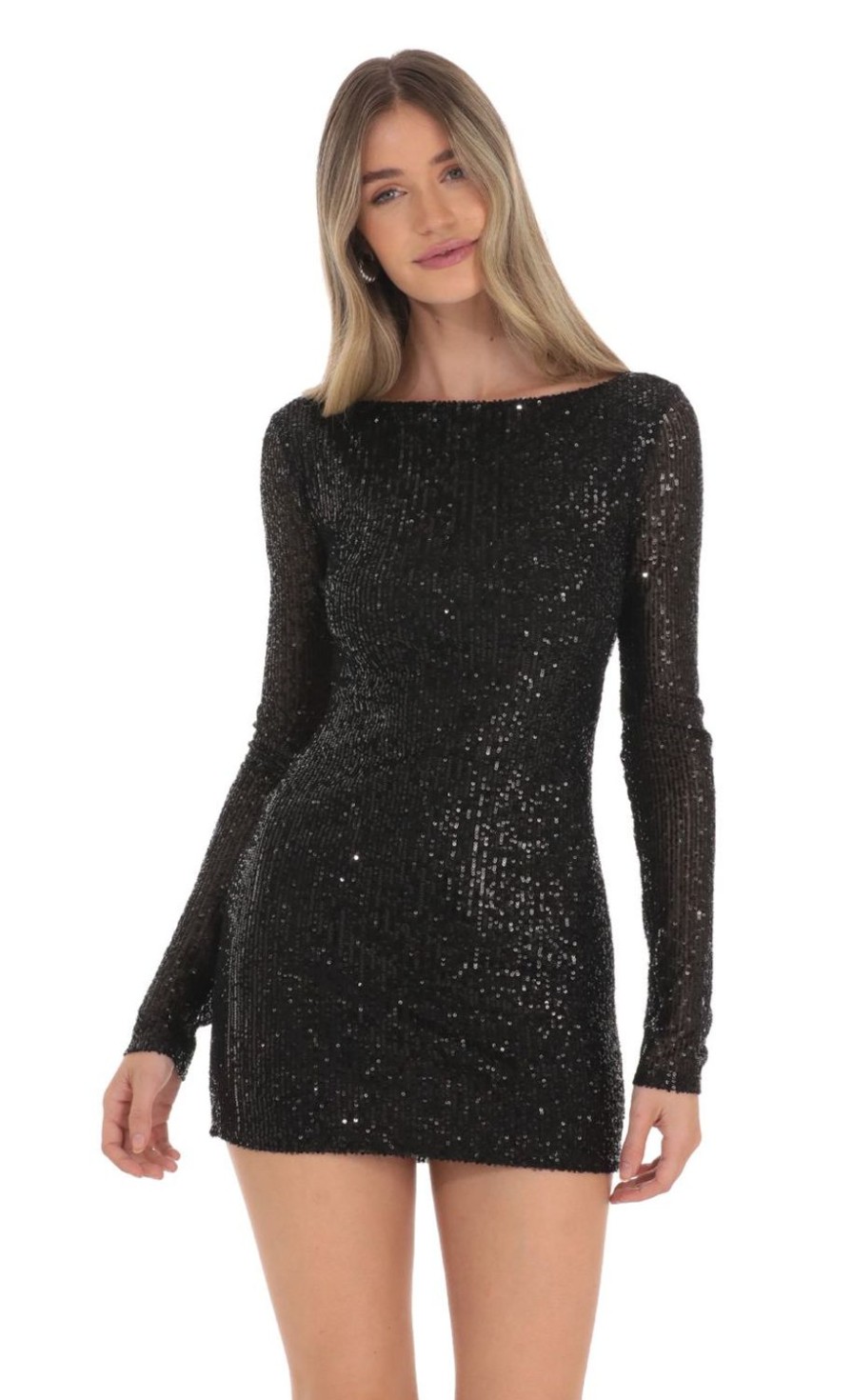 Clothing LUCY IN THE SKY | Sequin High Neck Open Back Dress In Black | Lucy In The Sky