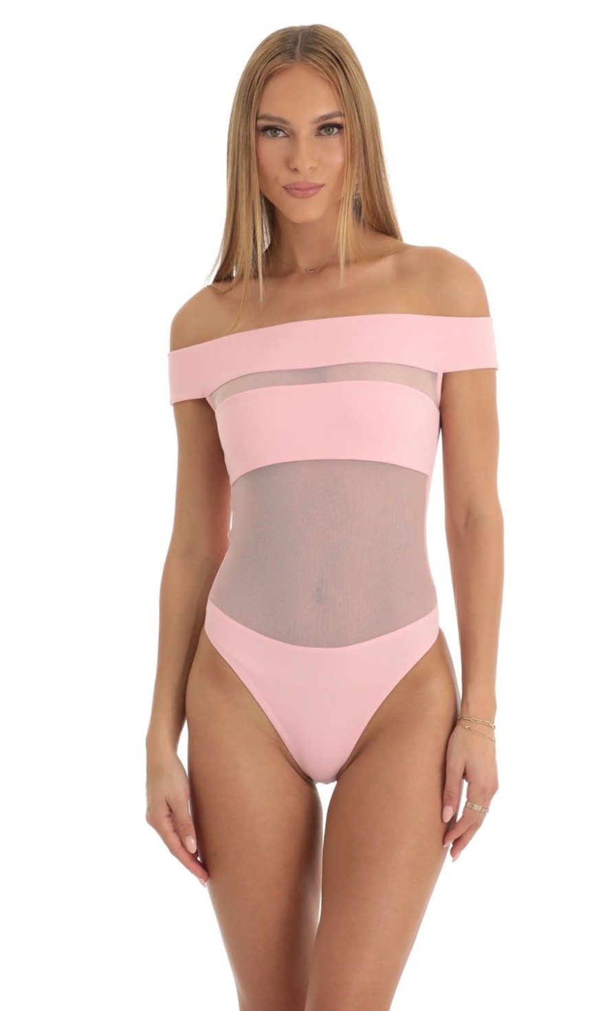 Clothing LUCY IN THE SKY | Clarisse Mesh Illusion Bodysuit In Pink | Lucy In The Sky