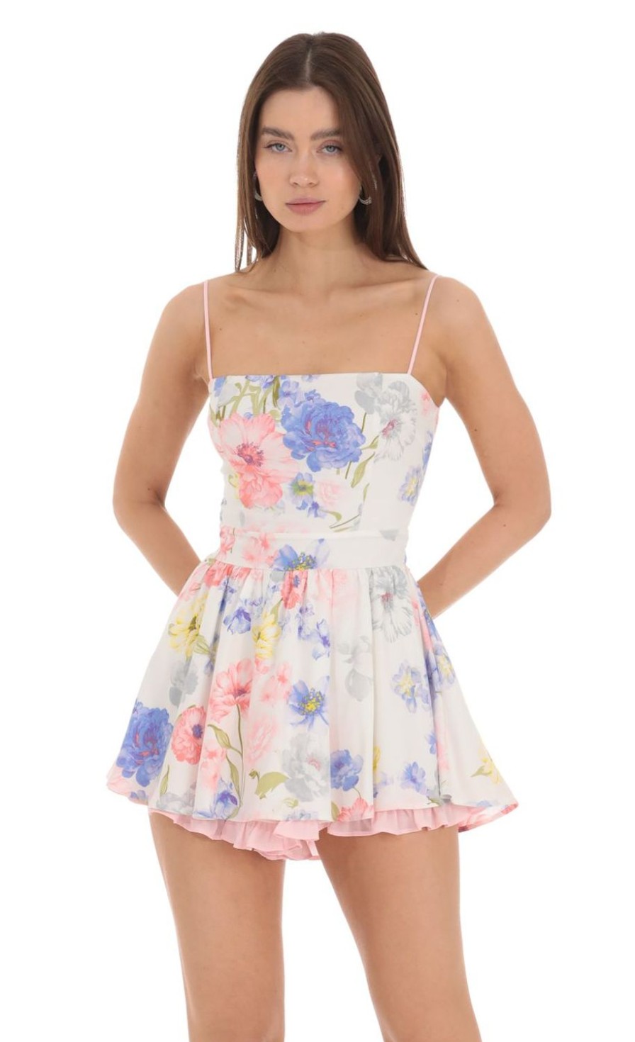 Clothing LUCY IN THE SKY | Pastel Floral Shimmer Romper In White | Lucy In The Sky