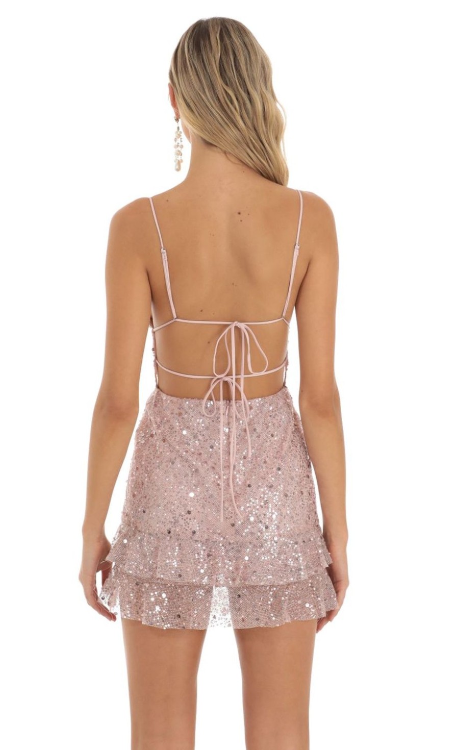 Clothing LUCY IN THE SKY | Gardenia Shimmer Sequin Mini Dress In Pink | Lucy In The Sky