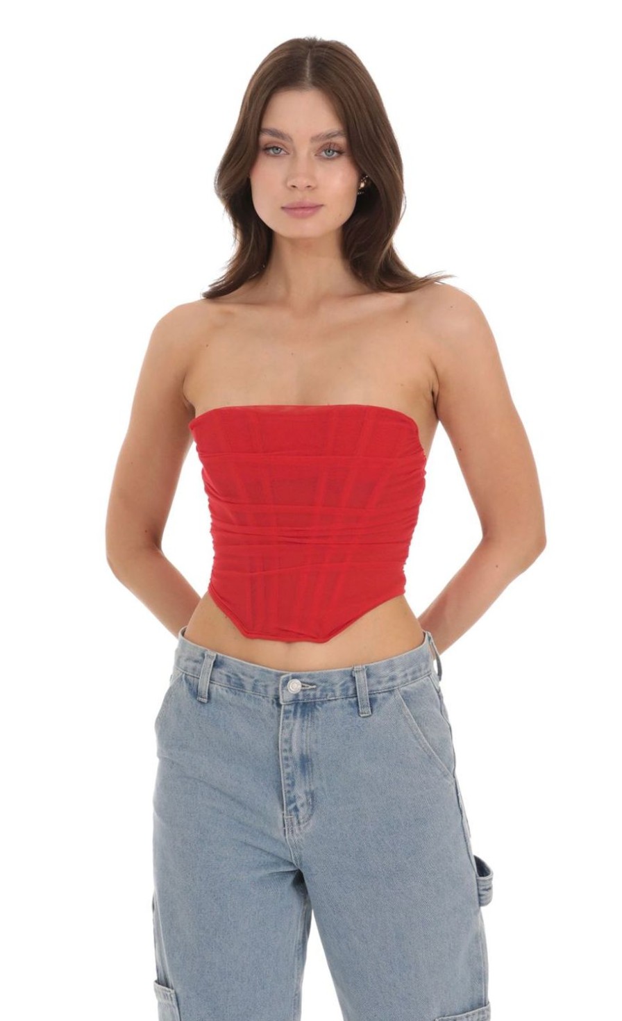 Clothing LUCY IN THE SKY | Mesh Strapless Corset Top In Red | Lucy In The Sky