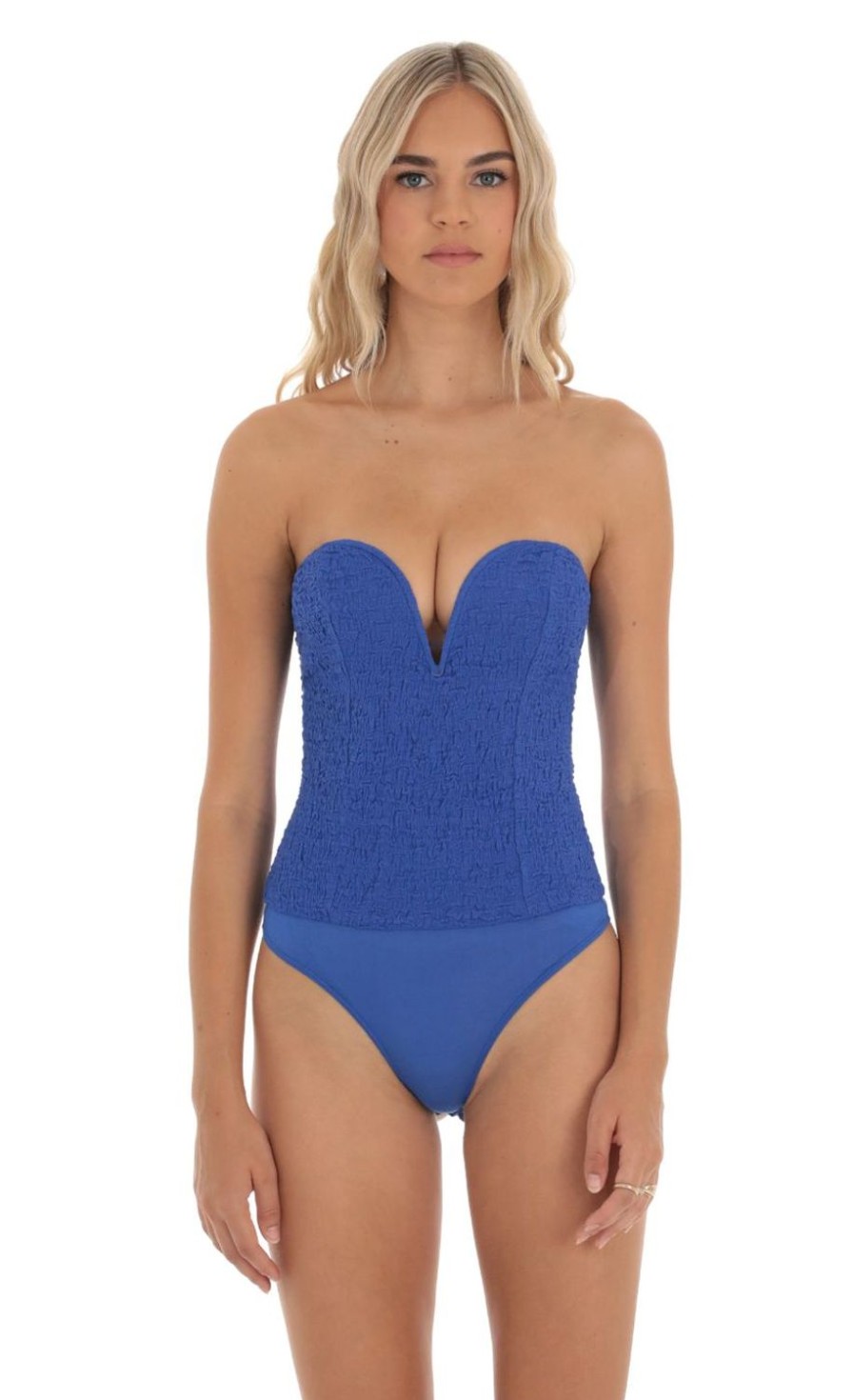 Clothing LUCY IN THE SKY | Giada Crinkle Bodysuit In Blue | Lucy In The Sky