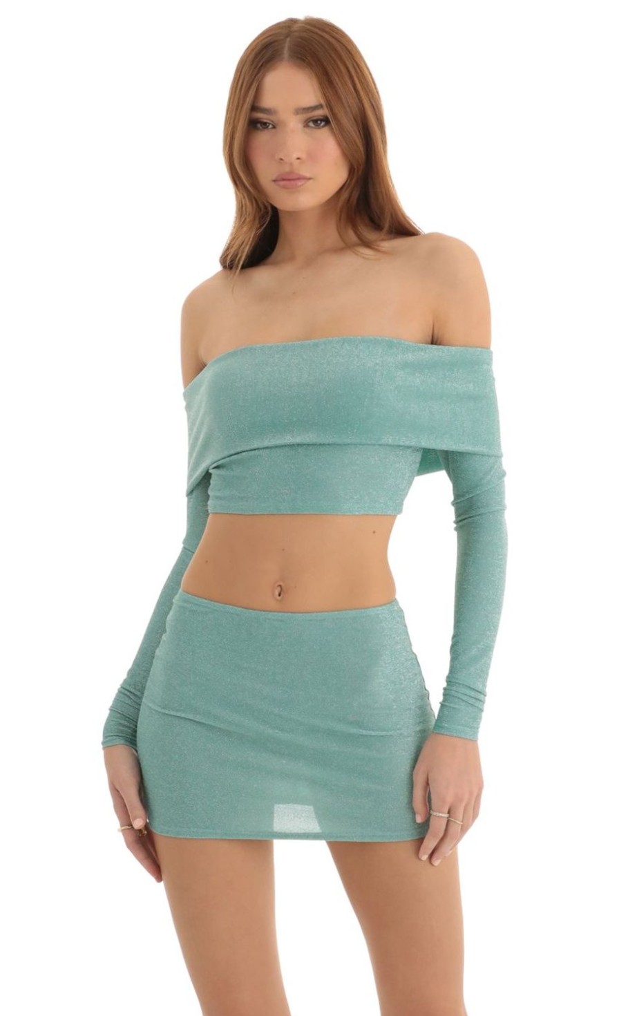 Clothing LUCY IN THE SKY | Sama Metallic Knit Two Piece Skirt Set In Turquoise | Lucy In The Sky