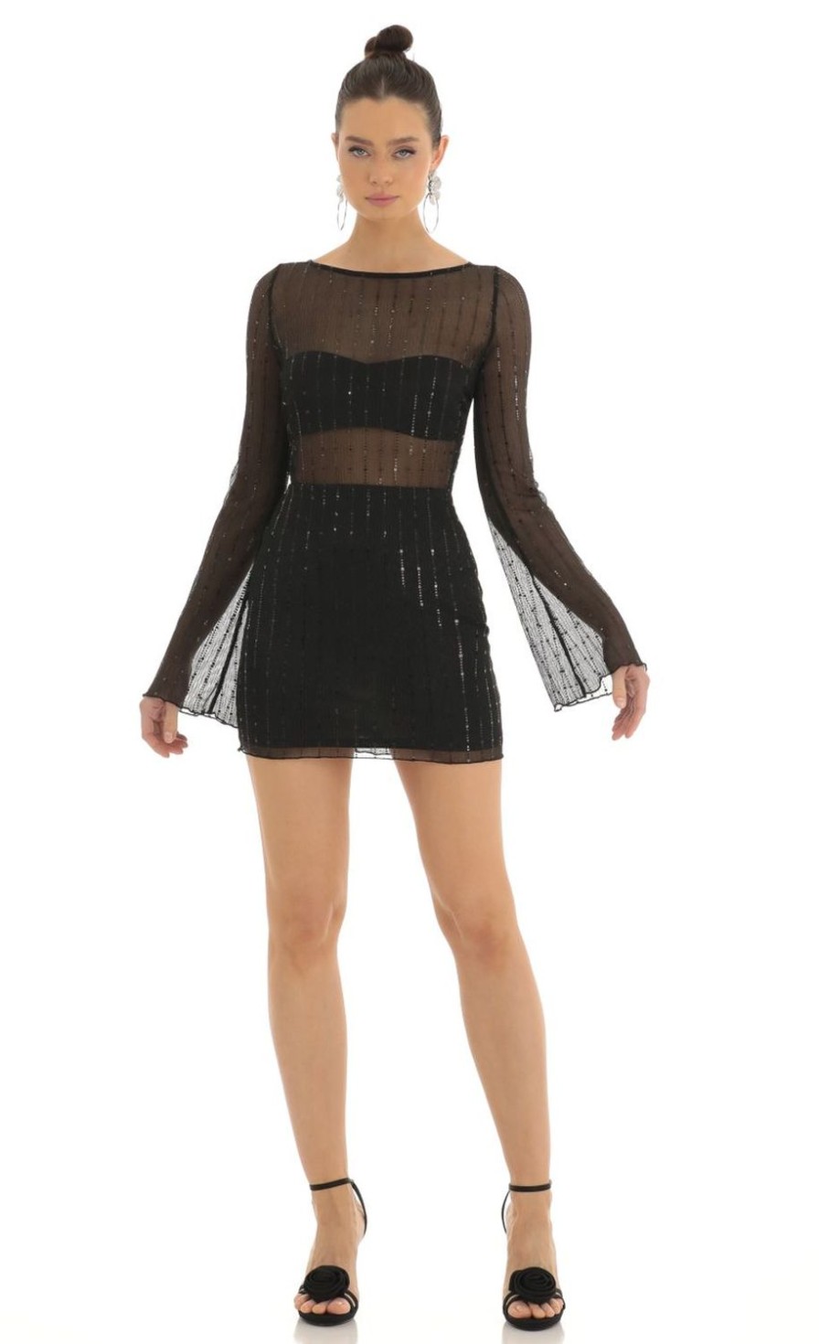 Clothing LUCY IN THE SKY | Olean Sequin Striped Long Sleeve Dress In Black | Lucy In The Sky