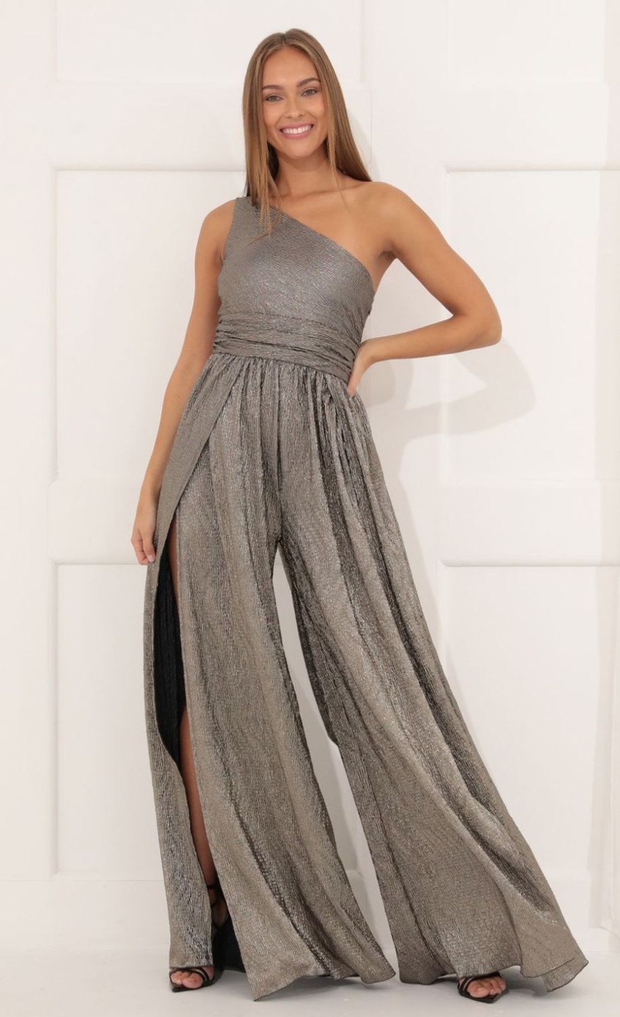 Clothing LUCY IN THE SKY | Mary One Shoulder Jumpsuit In Silver Shimmer | Lucy In The Sky