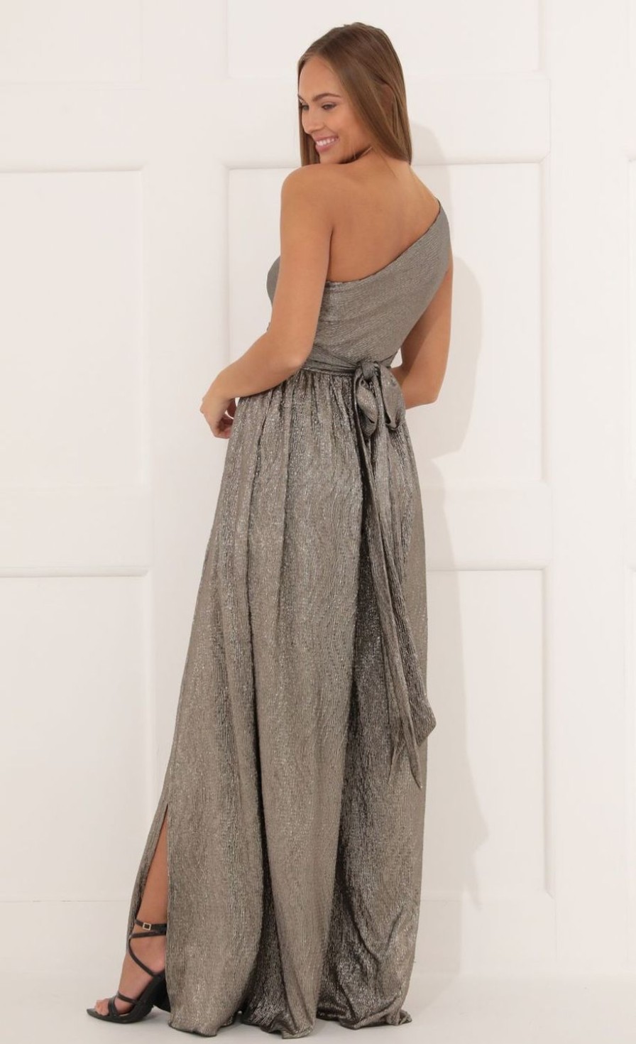 Clothing LUCY IN THE SKY | Mary One Shoulder Jumpsuit In Silver Shimmer | Lucy In The Sky