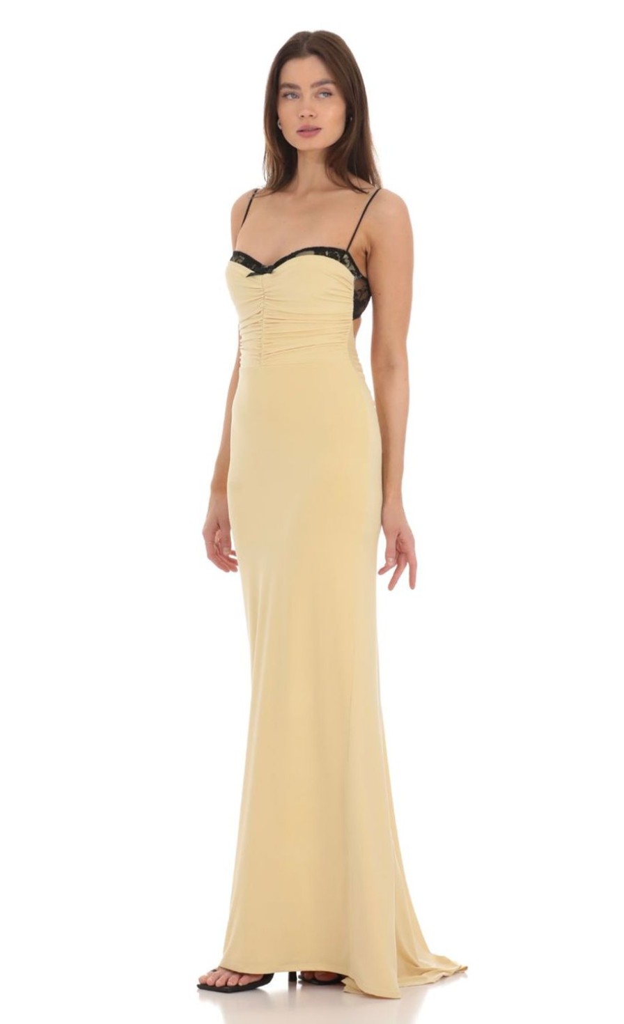 Clothing LUCY IN THE SKY | Lace Bust Open Back Maxi Dress In Yellow | Lucy In The Sky