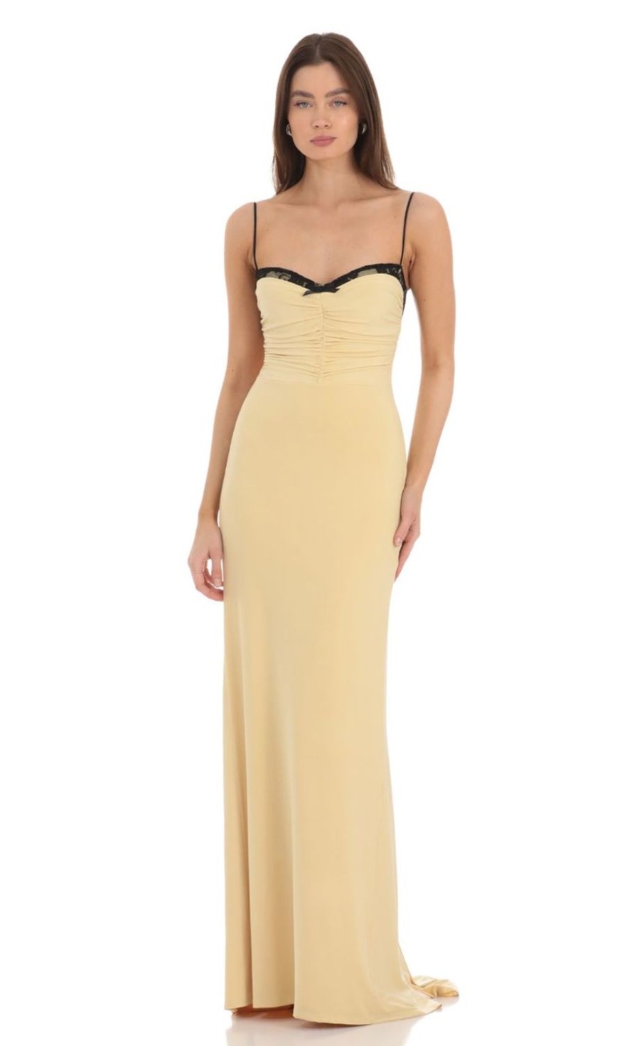 Clothing LUCY IN THE SKY | Lace Bust Open Back Maxi Dress In Yellow | Lucy In The Sky