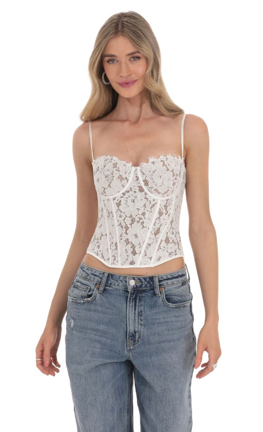 Clothing LUCY IN THE SKY | Lace Mesh Corset Top In White | Lucy In The Sky