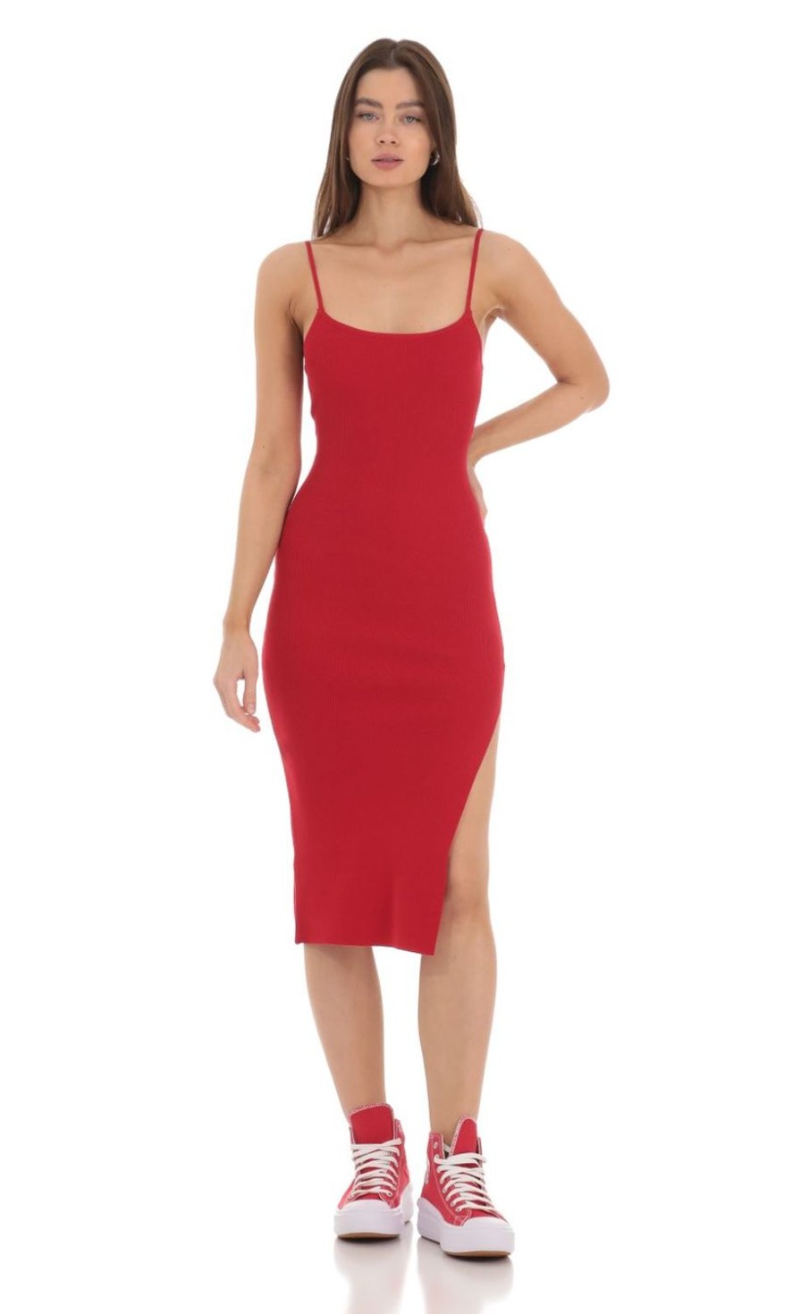 Clothing LUCY IN THE SKY | Ribbed Bodycon Midi Dress In Red | Lucy In The Sky