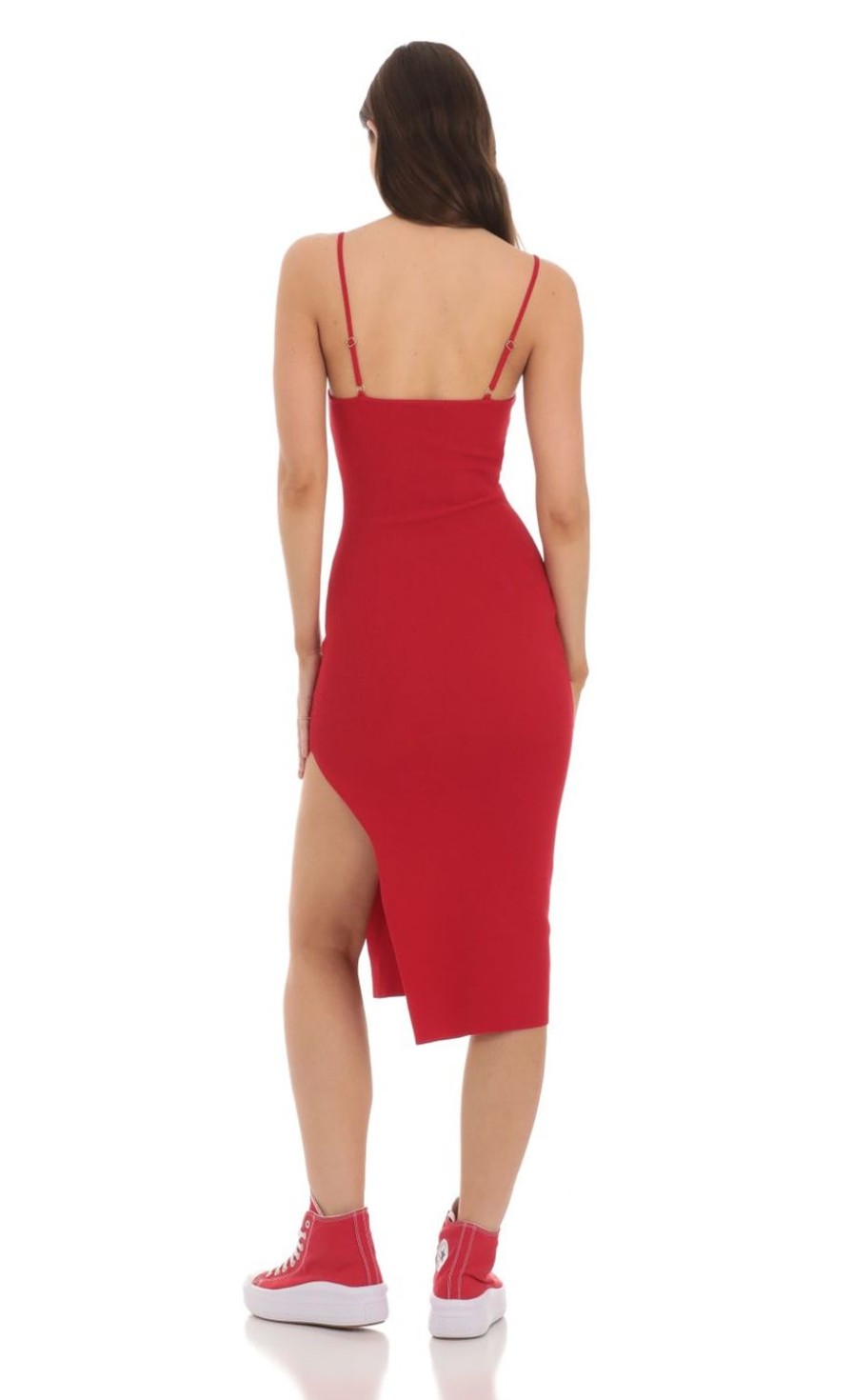 Clothing LUCY IN THE SKY | Ribbed Bodycon Midi Dress In Red | Lucy In The Sky