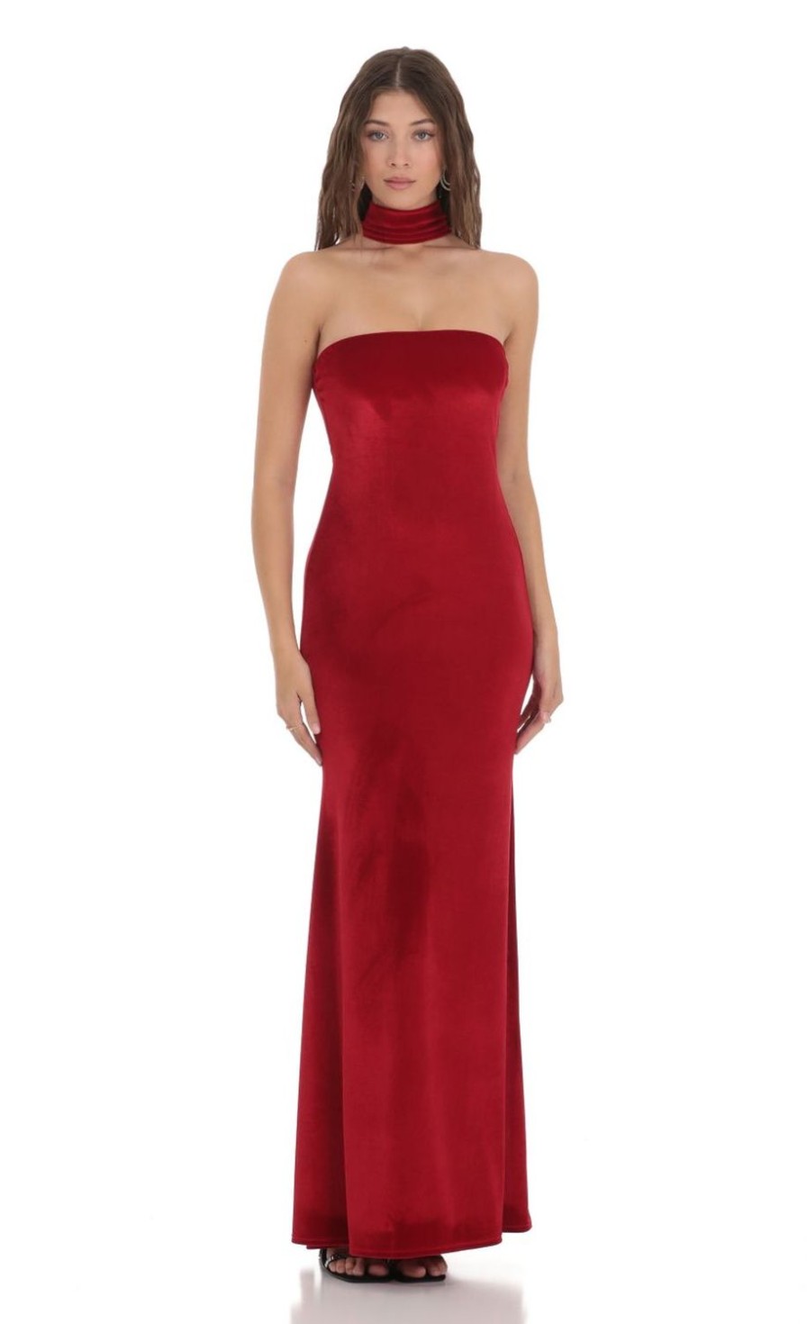 Clothing LUCY IN THE SKY | Velvet Reverse Halter Maxi Dress In Red | Lucy In The Sky