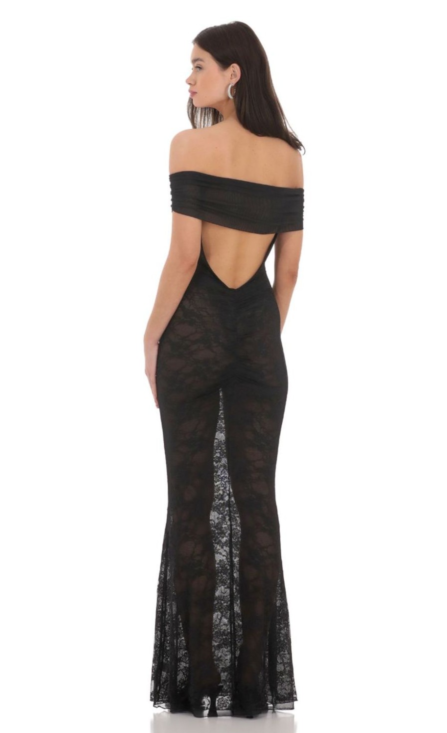 Clothing LUCY IN THE SKY | Off Shoulder Sheer Lace Maxi Dress In Black | Lucy In The Sky