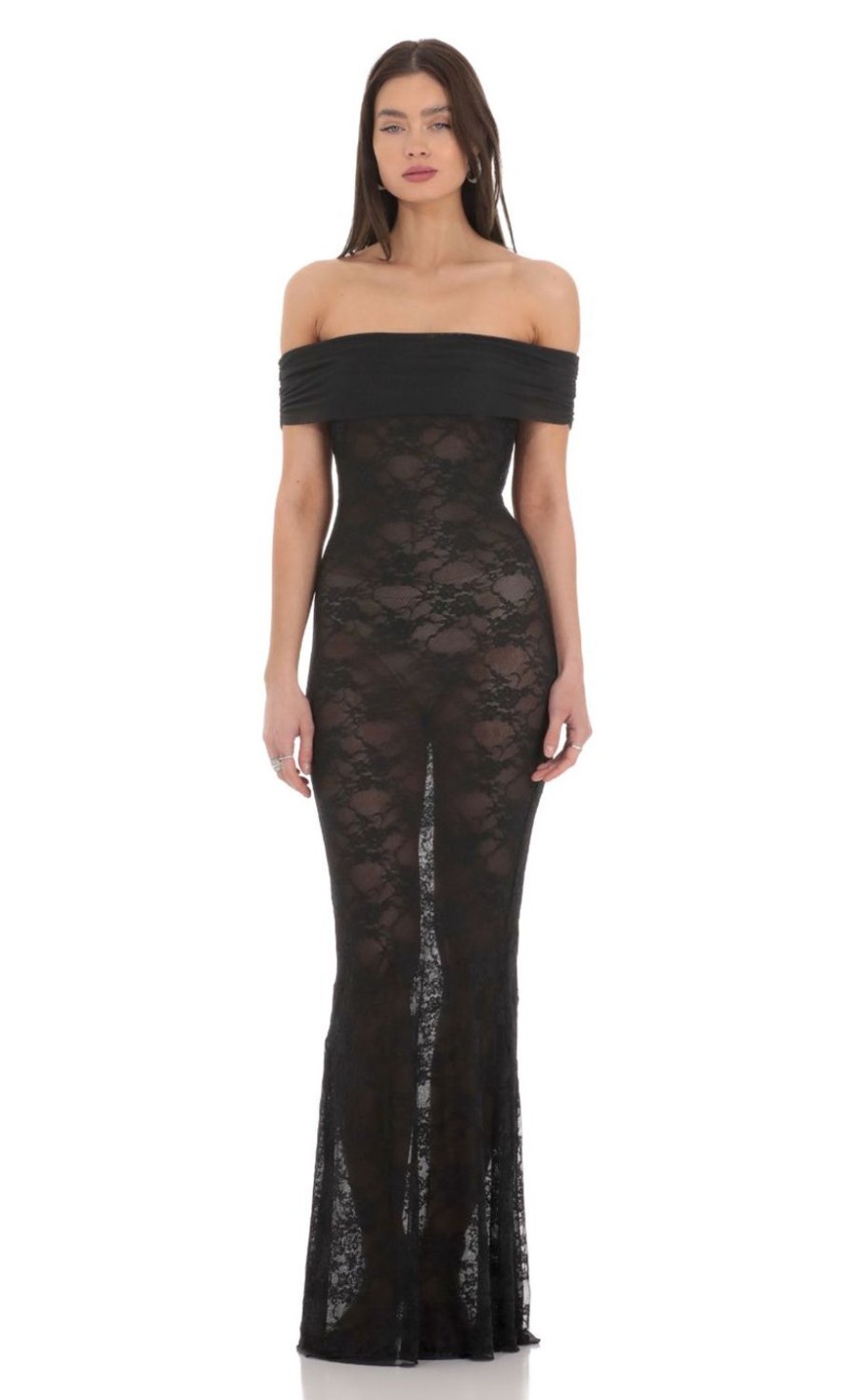 Clothing LUCY IN THE SKY | Off Shoulder Sheer Lace Maxi Dress In Black | Lucy In The Sky