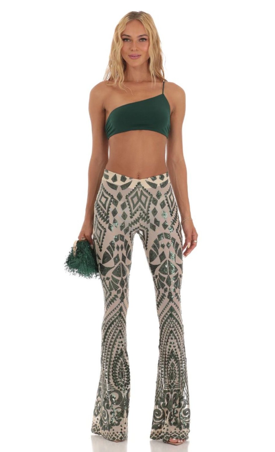 Clothing LUCY IN THE SKY | Azaria Sequin One Shoulder Two Piece Set In Green | Lucy In The Sky