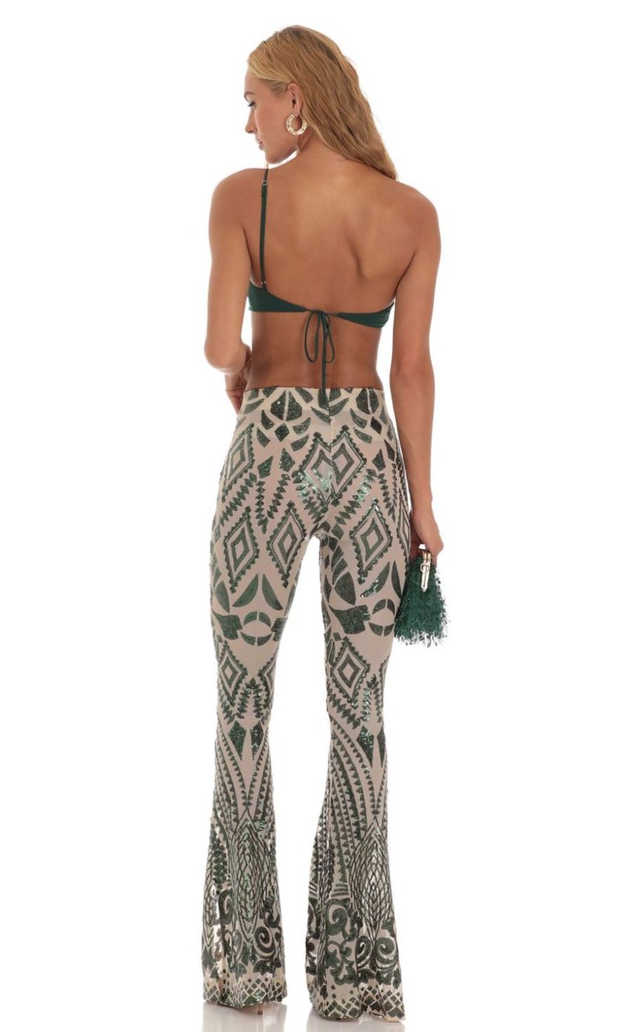 Clothing LUCY IN THE SKY | Azaria Sequin One Shoulder Two Piece Set In Green | Lucy In The Sky