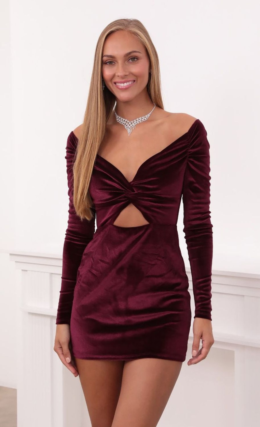 Clothing LUCY IN THE SKY | Jolene Off Shoulder Velvet Dress In Burgundy | Lucy In The Sky