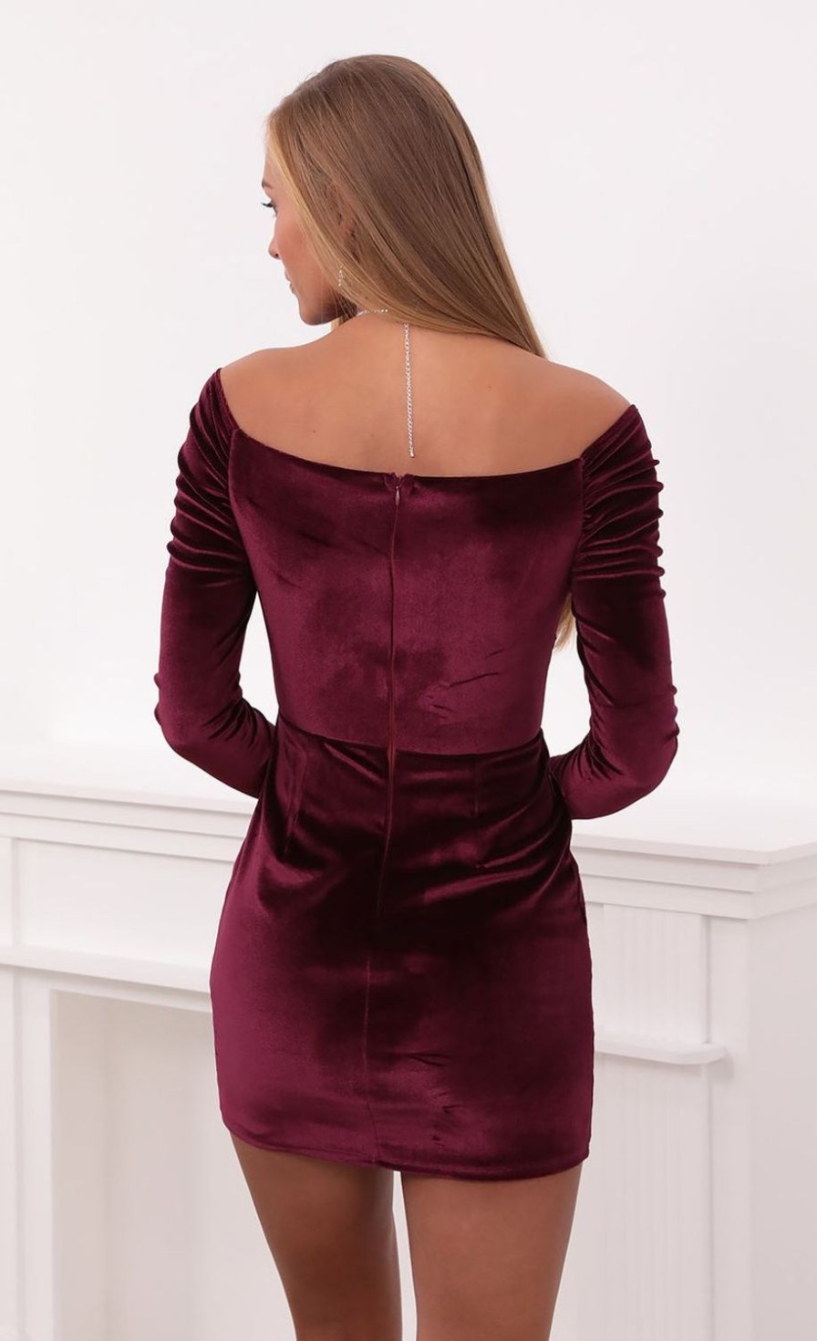 Clothing LUCY IN THE SKY | Jolene Off Shoulder Velvet Dress In Burgundy | Lucy In The Sky