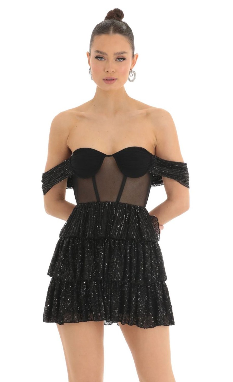 Clothing LUCY IN THE SKY | Amarea Sequin Corset Dress In Black | Lucy In The Sky