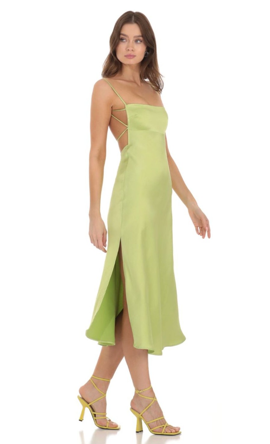 Clothing LUCY IN THE SKY | Satin Open Back Dress In Lime Green | Lucy In The Sky