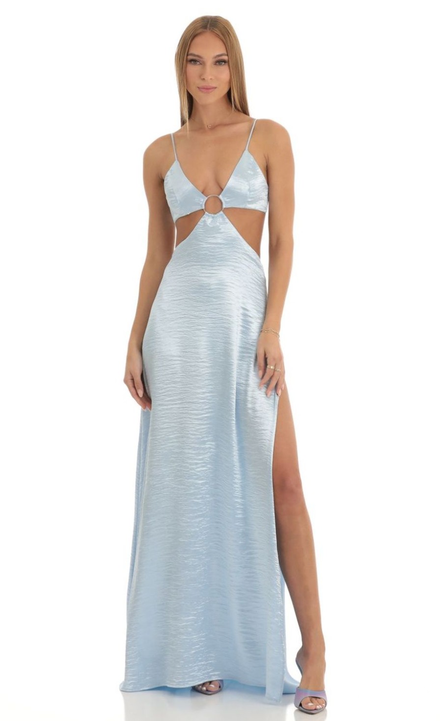 Clothing LUCY IN THE SKY | Capri Satin Cutout Maxi Dress In Sky Blue | Lucy In The Sky