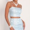 Clothing LUCY IN THE SKY | Briella Satin Jacquard Ruffle Set In Light Blue | Lucy In The Sky