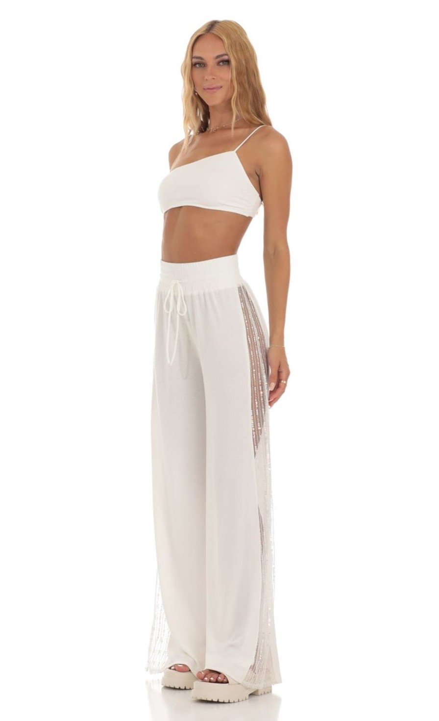 Clothing LUCY IN THE SKY | Landry Sequin One Shoulder Two Piece Set In White | Lucy In The Sky