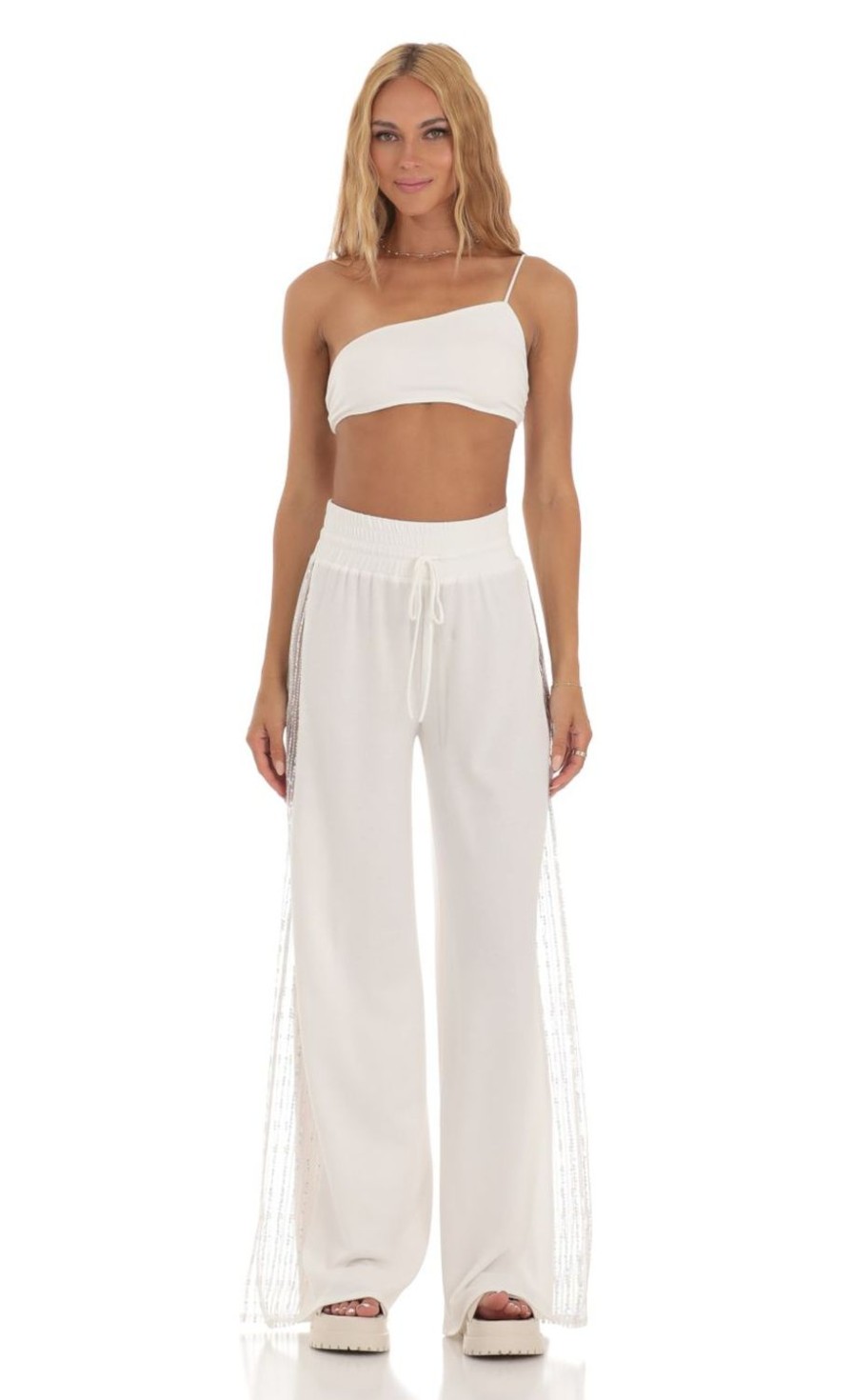 Clothing LUCY IN THE SKY | Landry Sequin One Shoulder Two Piece Set In White | Lucy In The Sky