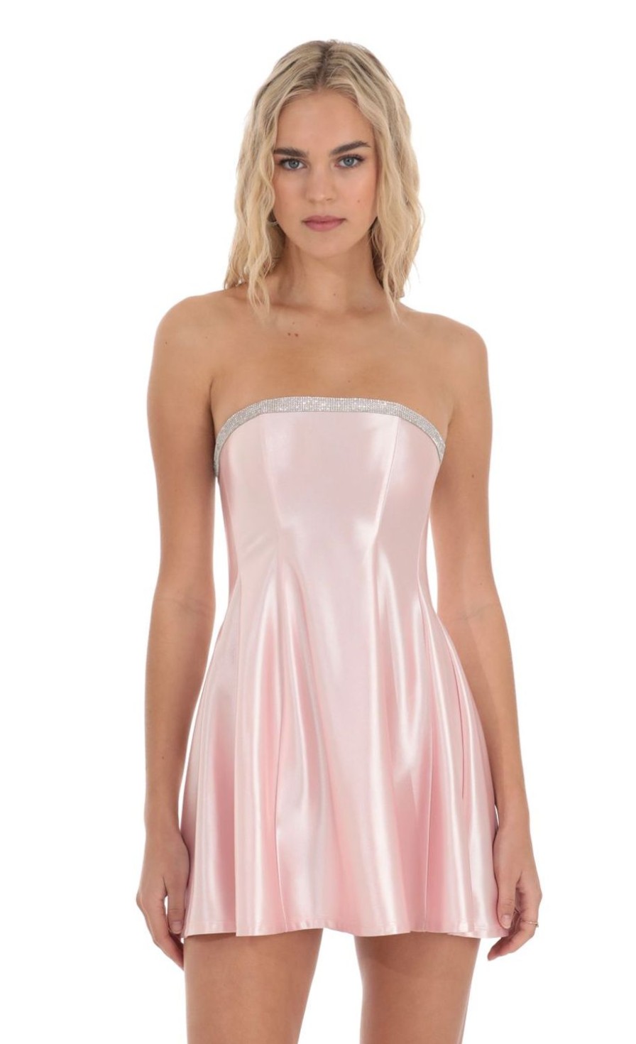 Clothing LUCY IN THE SKY | Strapless Rhinestone Satin Dress In Pink | Lucy In The Sky