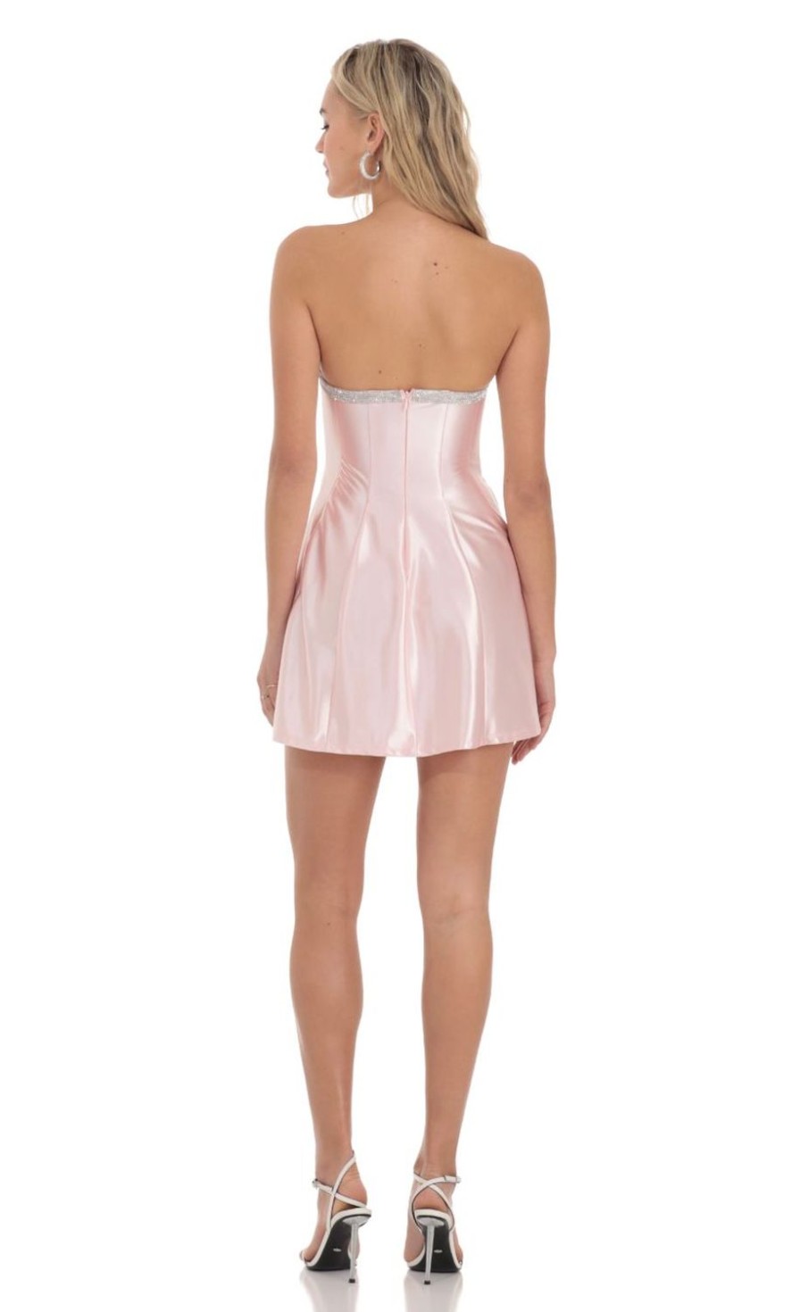 Clothing LUCY IN THE SKY | Strapless Rhinestone Satin Dress In Pink | Lucy In The Sky