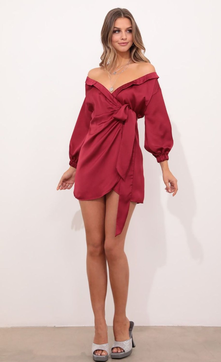 Clothing LUCY IN THE SKY | Lorella Off Shoulder Wrap Dress In Burgundy | Lucy In The Sky