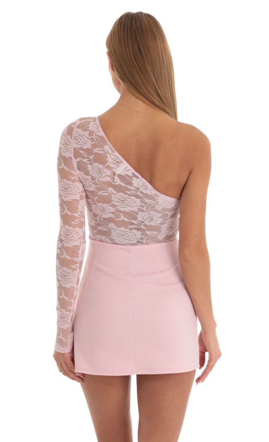 Clothing LUCY IN THE SKY | Farrah Lace One Shoulder Dress In Pink | Lucy In The Sky