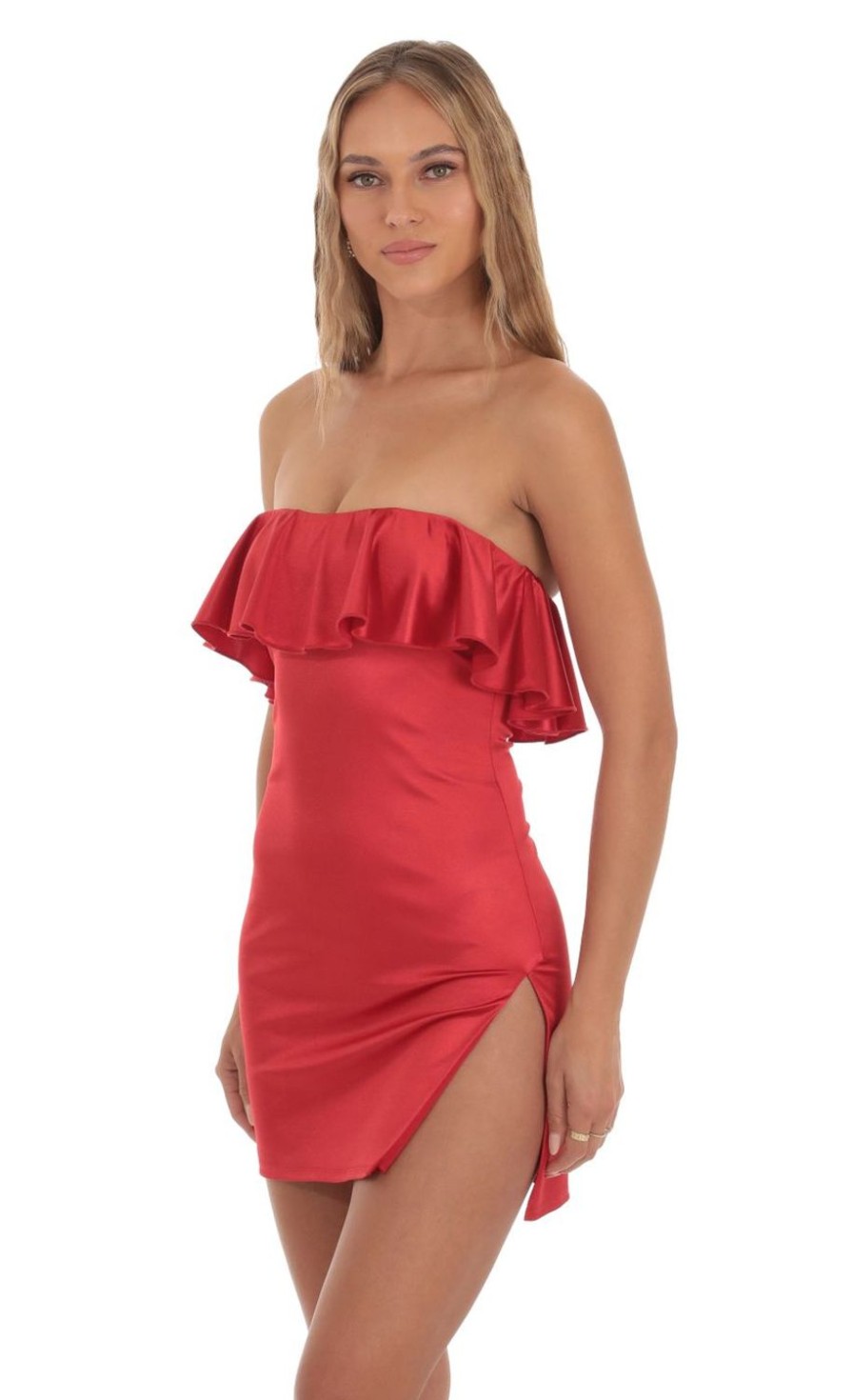 Clothing LUCY IN THE SKY | Egeria Satin Bodycon Mini Dress In Red | Lucy In The Sky