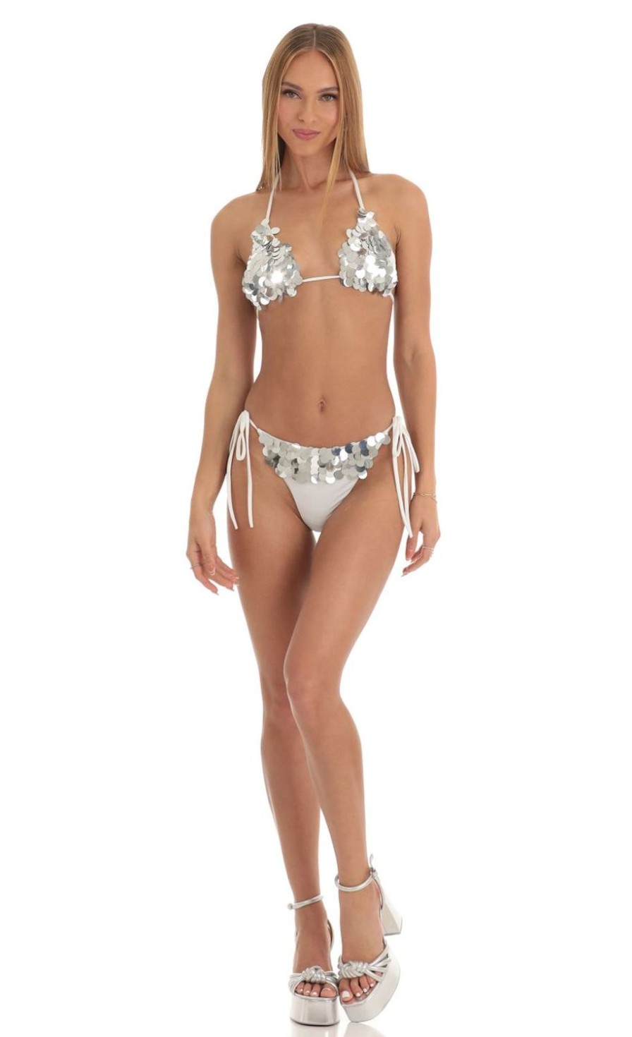 Clothing LUCY IN THE SKY | Pearl Silver Sequin Bikini Set In White | Lucy In The Sky