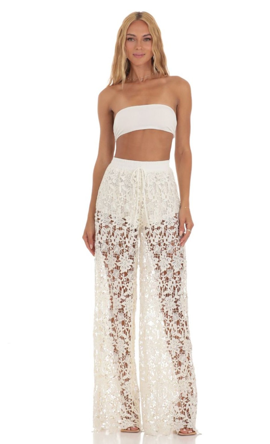 Clothing LUCY IN THE SKY | Audrina Crochet Two Piece Pants Set In Ivory | Lucy In The Sky