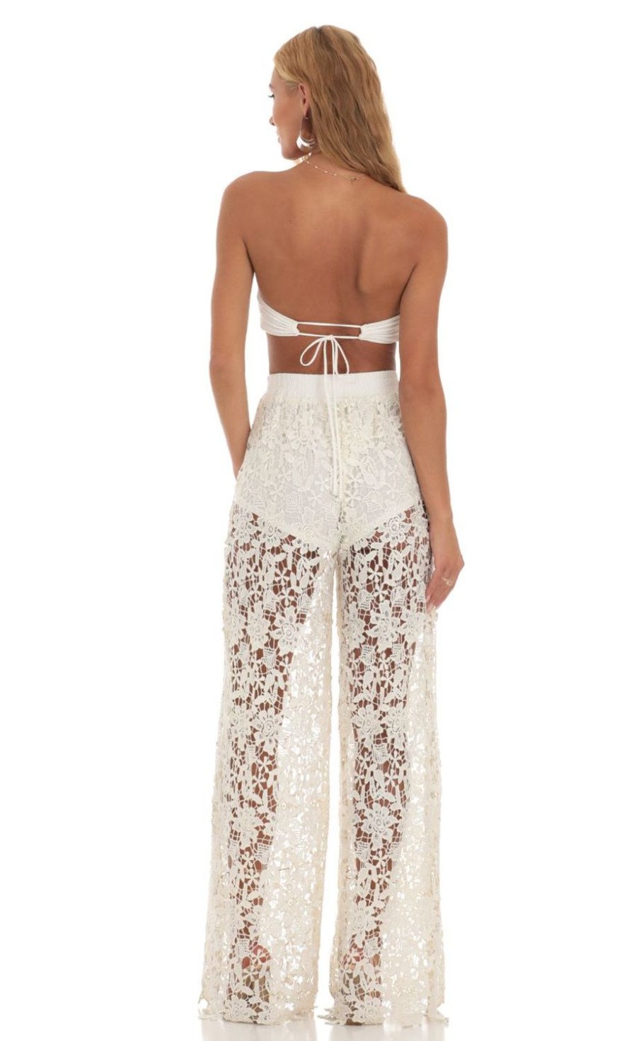 Clothing LUCY IN THE SKY | Audrina Crochet Two Piece Pants Set In Ivory | Lucy In The Sky