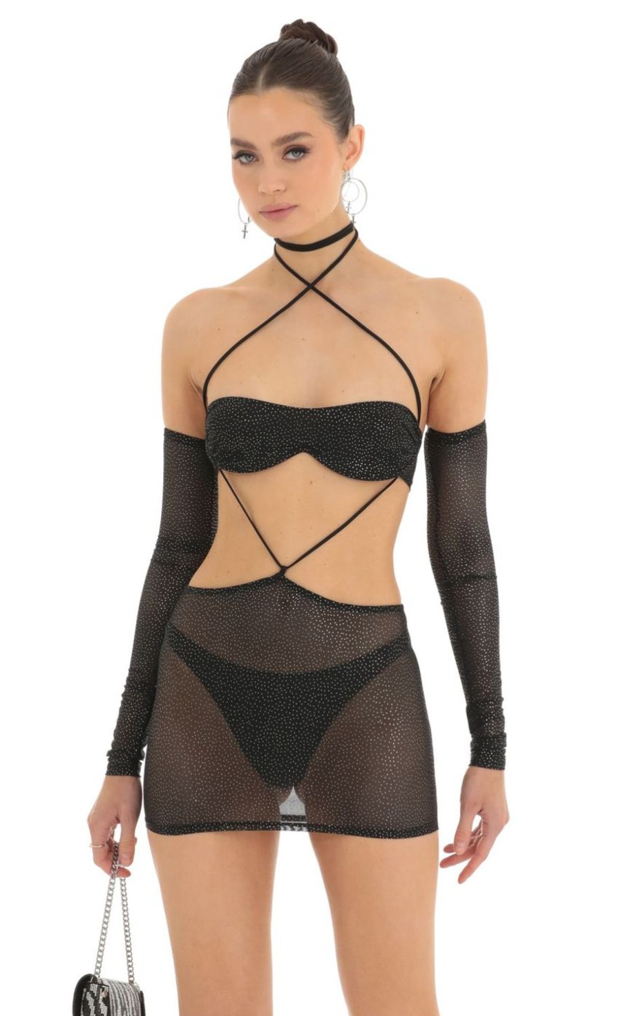 Clothing LUCY IN THE SKY | Ademina Foil Mesh Cutout Set And Sleeves In Black | Lucy In The Sky