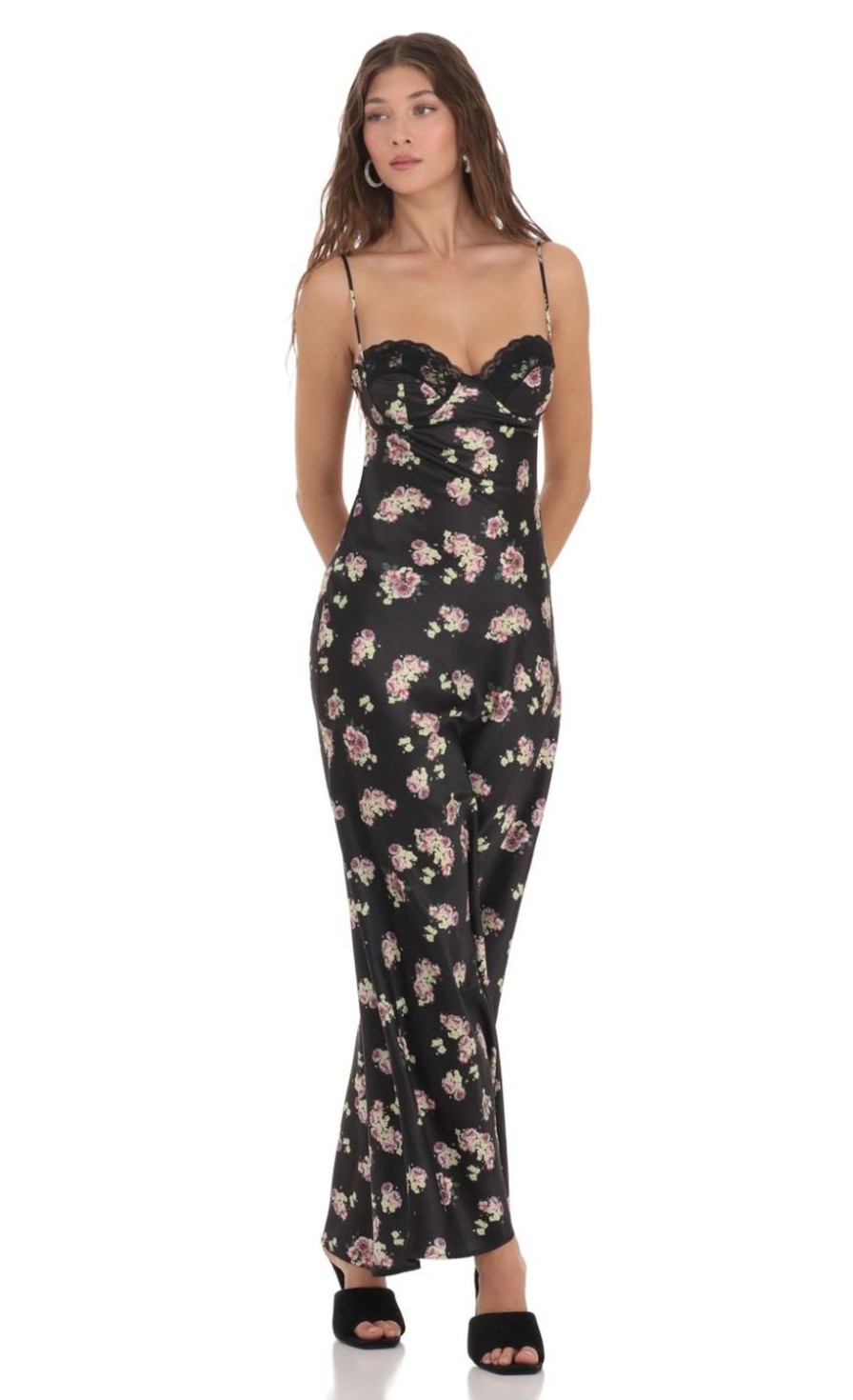 Clothing LUCY IN THE SKY | Floral Satin Maxi Dress In Black | Lucy In The Sky