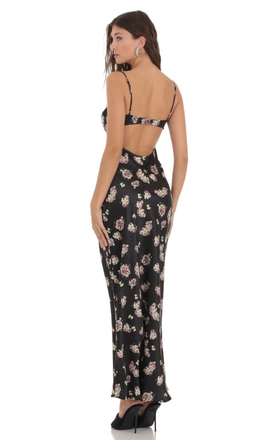 Clothing LUCY IN THE SKY | Floral Satin Maxi Dress In Black | Lucy In The Sky