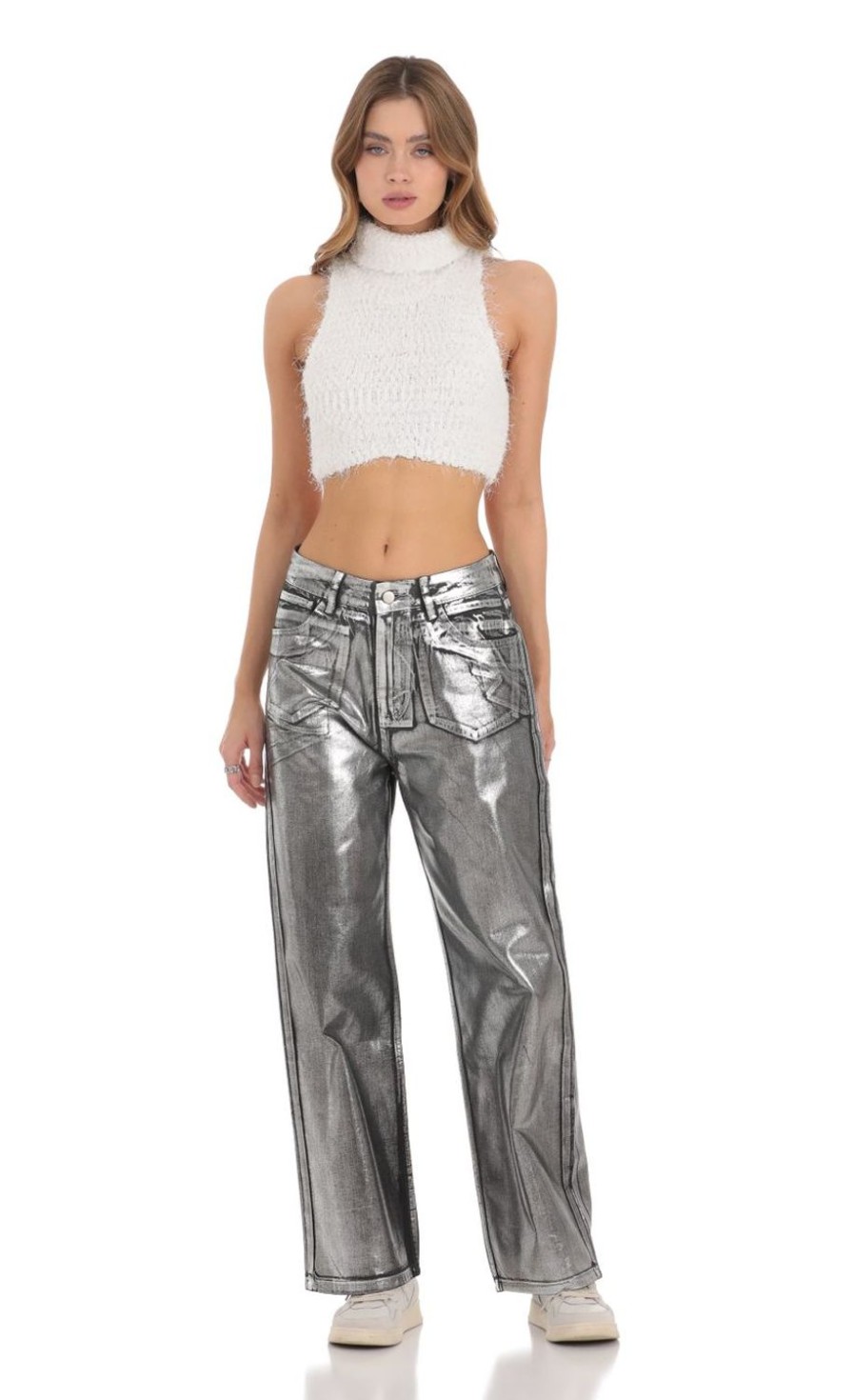 Clothing LUCY IN THE SKY | Metallic Foiled Black Jeans In Silver | Lucy In The Sky