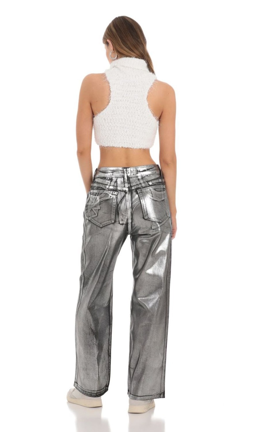 Clothing LUCY IN THE SKY | Metallic Foiled Black Jeans In Silver | Lucy In The Sky