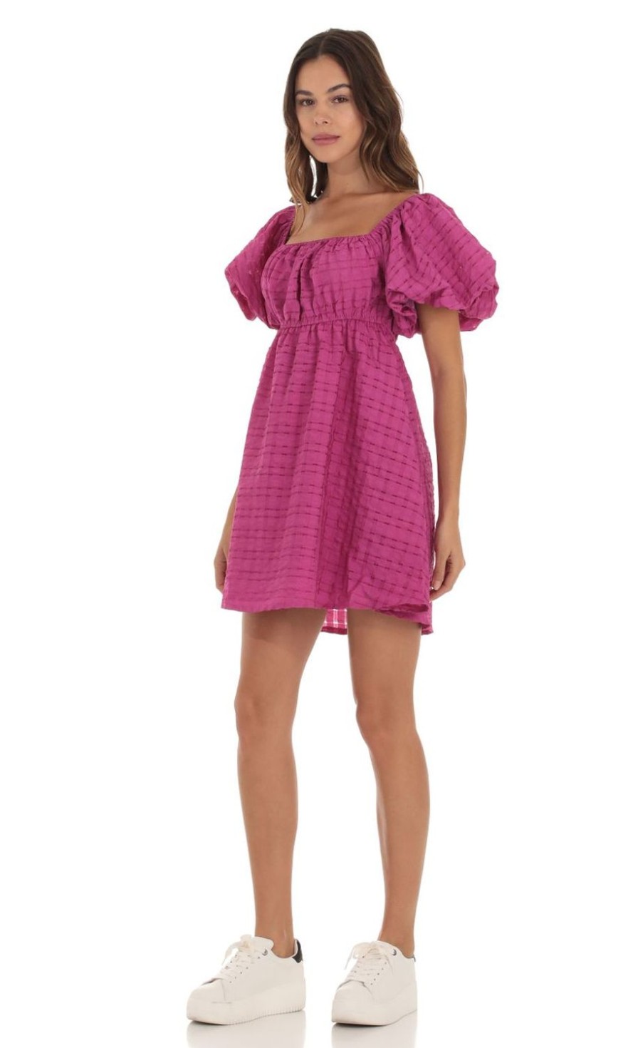 Clothing LUCY IN THE SKY | Xanthe Puff Sleeve Babydoll Dress In Magenta | Lucy In The Sky