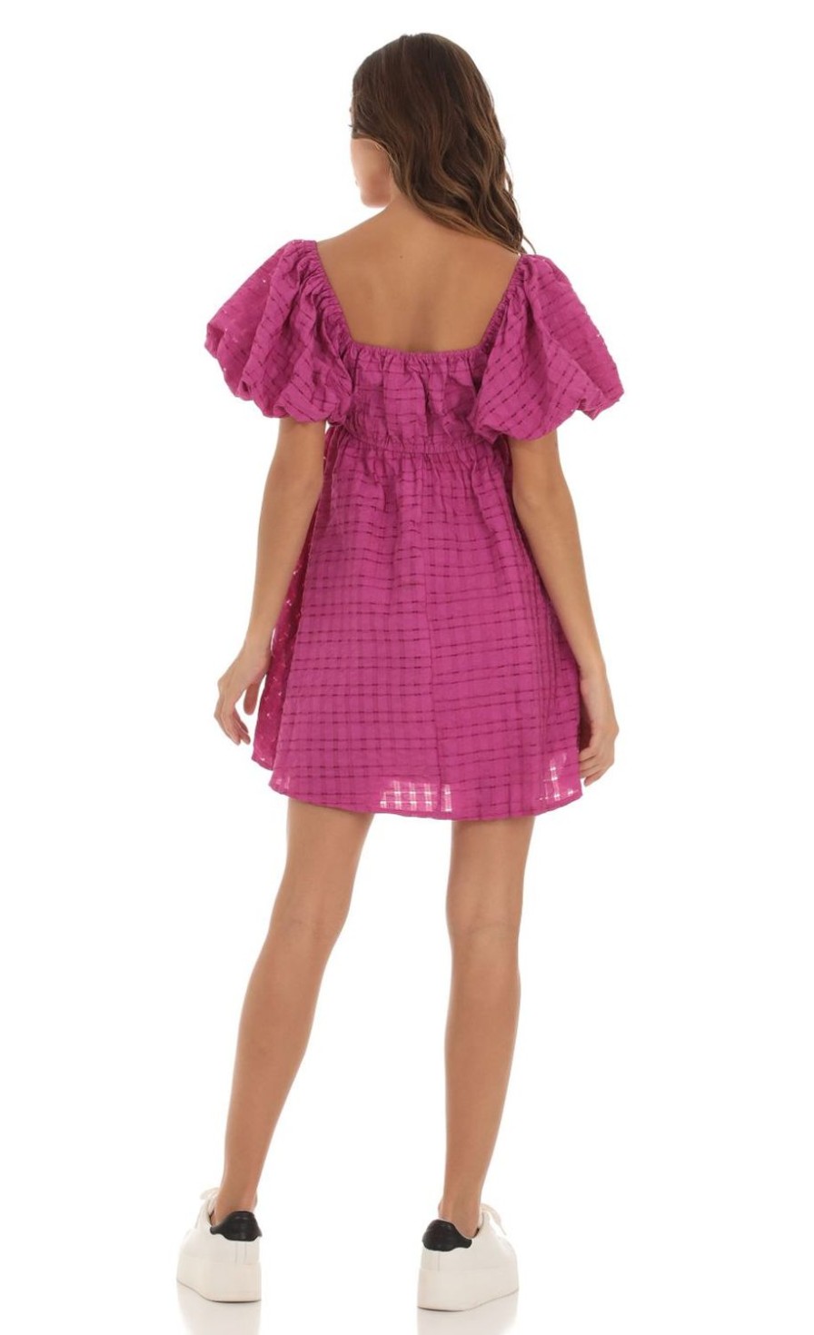 Clothing LUCY IN THE SKY | Xanthe Puff Sleeve Babydoll Dress In Magenta | Lucy In The Sky