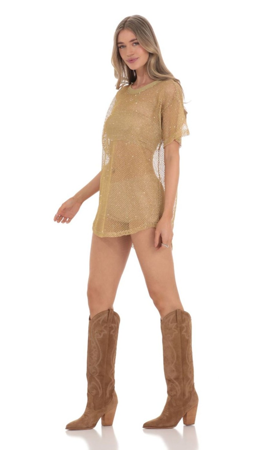 Clothing LUCY IN THE SKY | Glitter Fishnet Shirt Dress In Gold | Lucy In The Sky