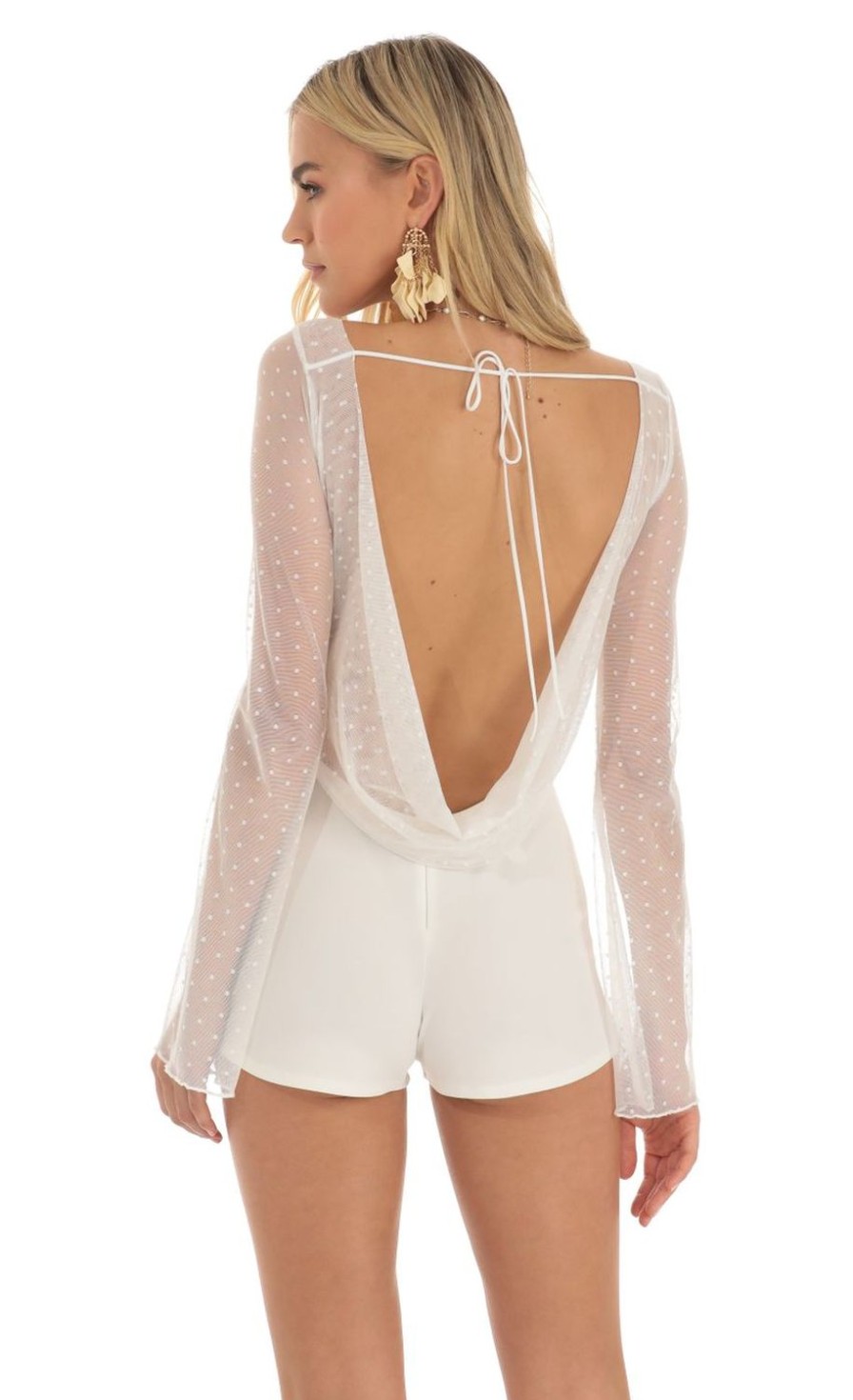 Clothing LUCY IN THE SKY | Edita Mesh Dotted Open Back Romper In White | Lucy In The Sky