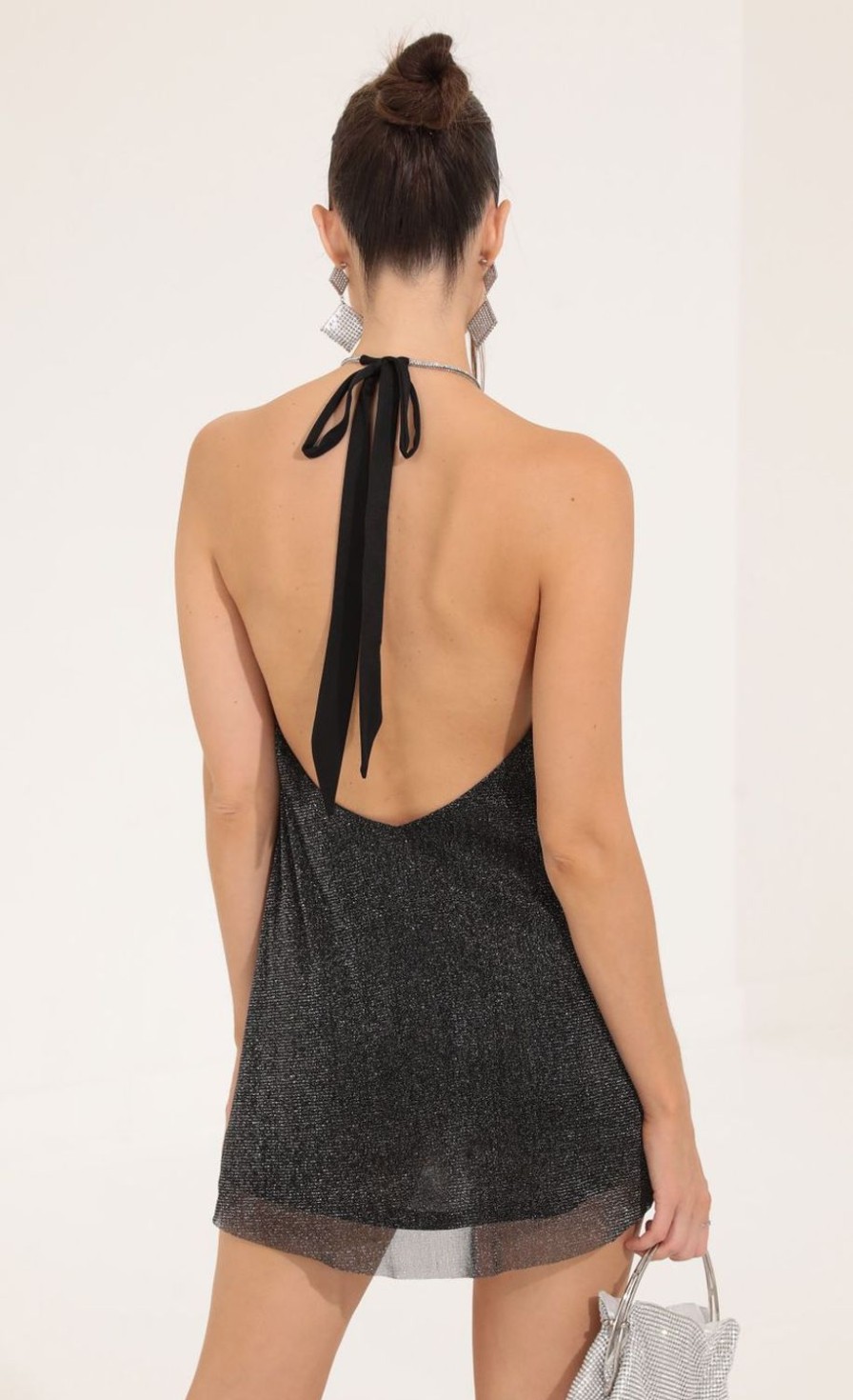 Clothing LUCY IN THE SKY | Tallulah Glitter Open Back Dress In Black | Lucy In The Sky